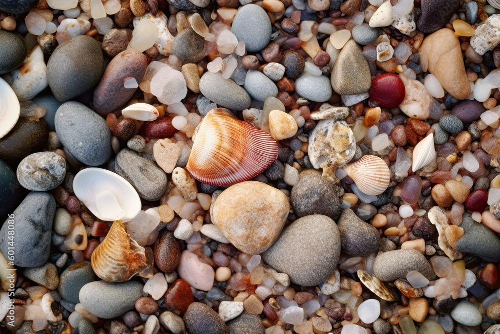 Small stones and shells lying on the beach (Generative AI, Generativ, KI)