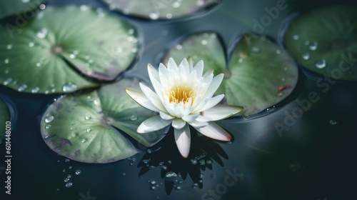Bright white waterlily lotus flower in full bloom surrounded by green lily pads with water drops, murky dark pond water reflections - generative ai © SoulMyst