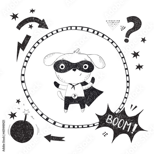 Superhero Dog Animal Hand Drawn Doodle style. Black ink on white background.