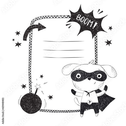 Superhero Dog Animal Hand Drawn Doodle style. Black ink on white background.