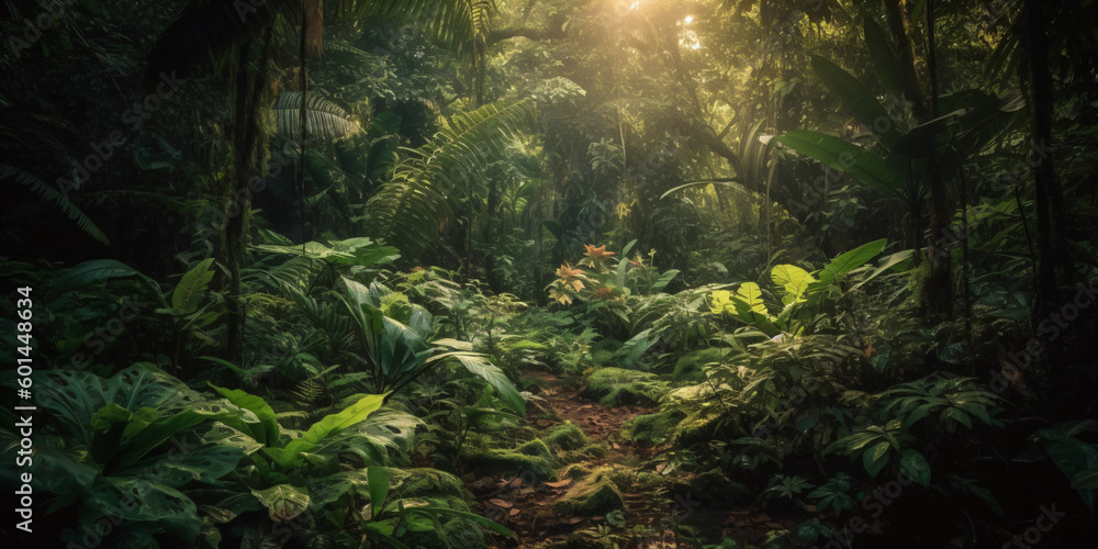 Dense mysterious jungle, rainforest in the sun, tropics full of greenery. Created using Generative AI technology.