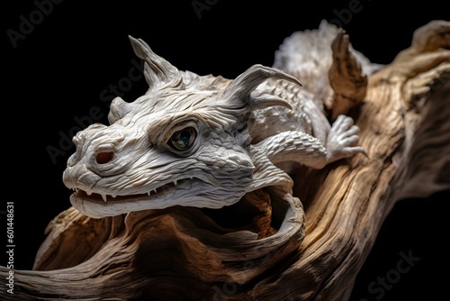 high detailed close up view of a dry wood dragon head  ai tools generated image