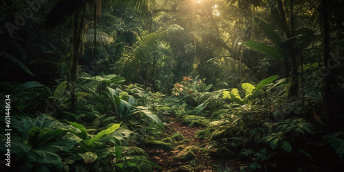 Dense mysterious jungle, rainforest in the sun, tropics full of greenery. Created using Generative AI technology.
