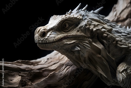 high detailed close up view of a dry wood dragon head, ai tools generated image