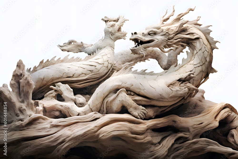 Fototapeta premium dry wood dragon head close up view isolated on white, ai tools generated image