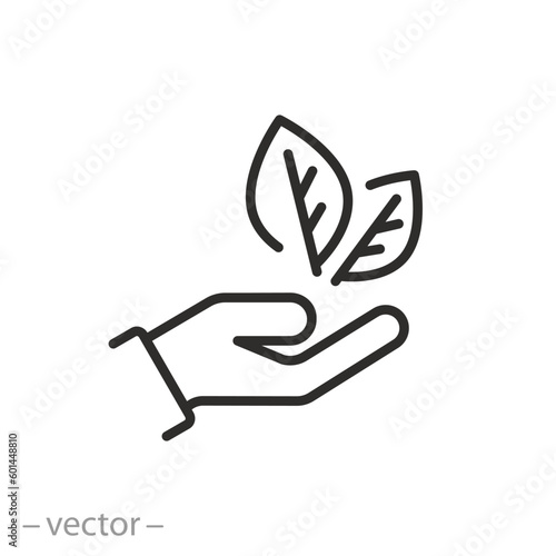 environmental protection icon, hand with leaves, care nature, eco friendly, thin line symbol - editable stroke vector illustration