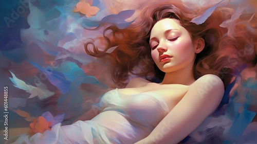 Beautiful young woman asleep lucid dreaming illustration watercolor style pastel colors painting generative ai photo