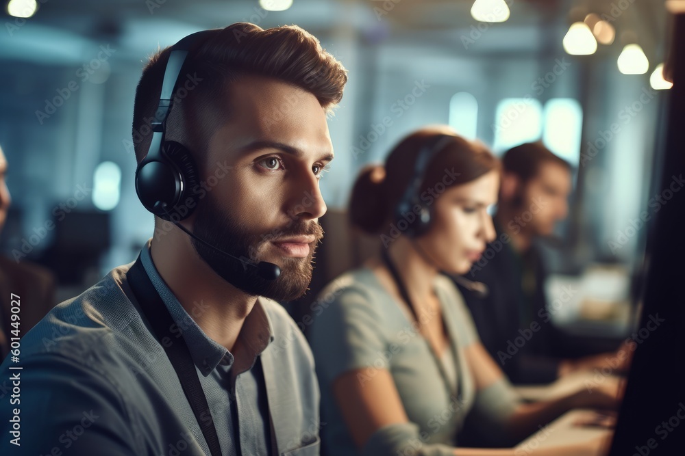 Call center operator accompanied by his team. Smiling customer support operator at work. Young employee working with a headset. Generative AI Call center operator accompanied by his team. Smiling customer support operator at work. Young employee working with a headset. Generative AI