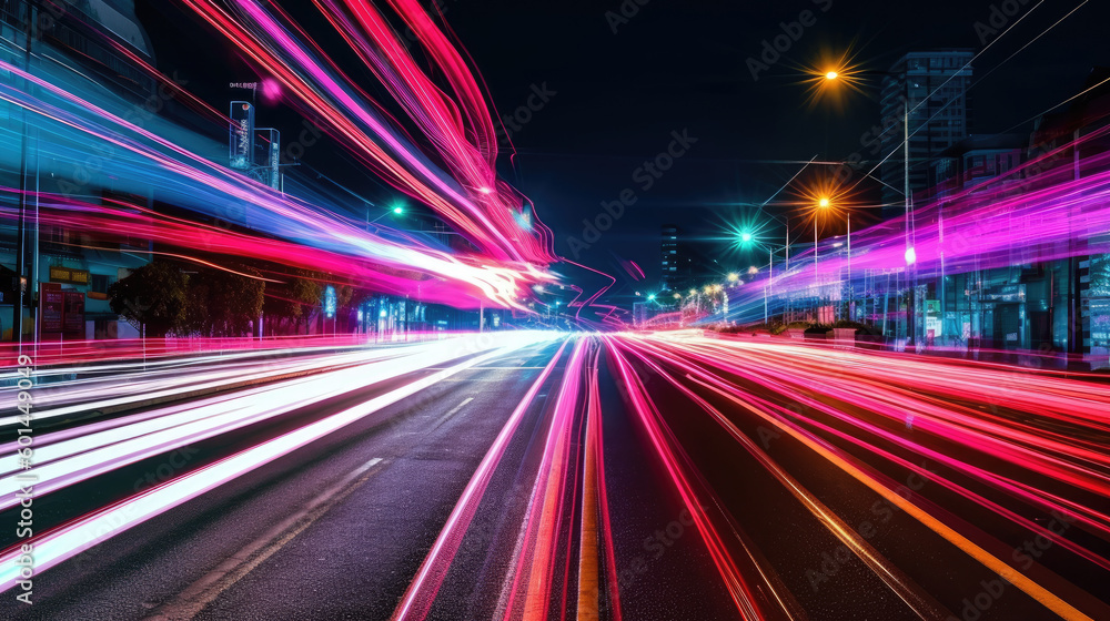 Obraz premium Vehicle lights on the streets of a city at night. Long exposure shot. Generative AI