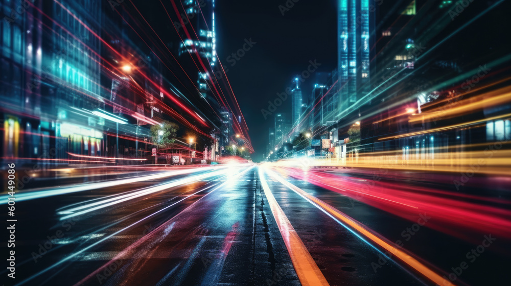 Vehicle lights on the streets of a city at night. Long exposure shot. Generative AI Vehicle lights on the streets of a city at night. Long exposure shot. Generative AI