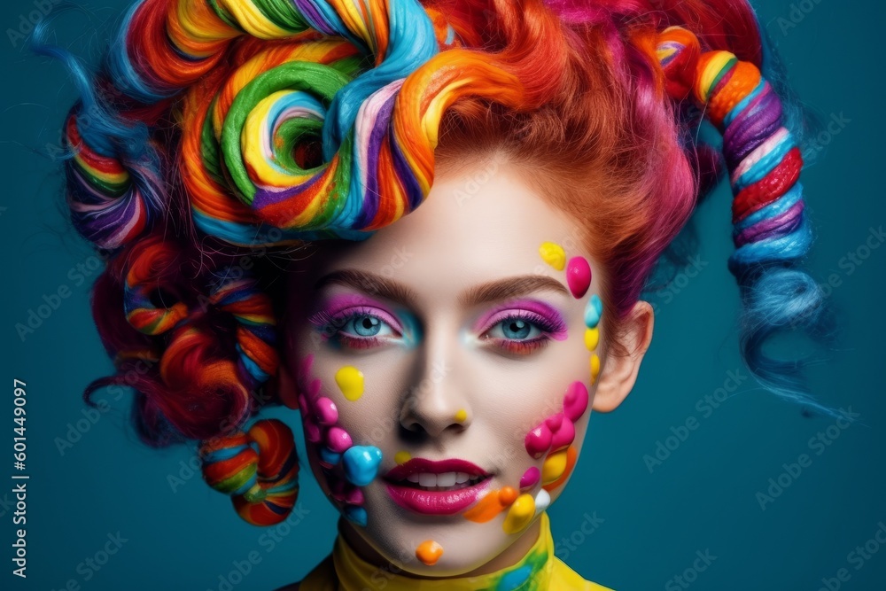 Young happy girl with colorful hair, style makeup and contemporary eye-catching resin jewelry. Generative AI Young happy girl with colorful hair, style makeup and contemporary eye-catching resin jewelry. Generative AI