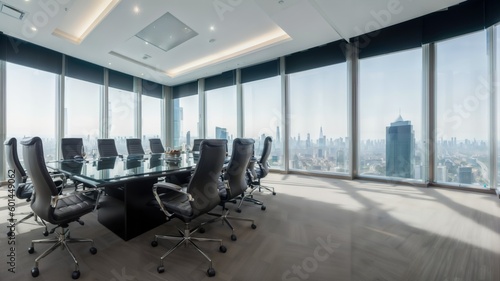 a conference room with a large table and chairs in front of a large window with a city view in the background