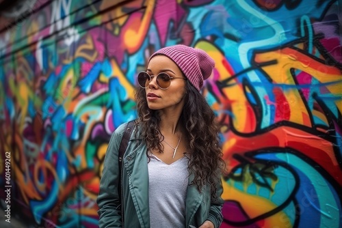 A young woman posing in front of a colorful and artistic graffiti mural, wearing a fashionable outfit, with a sense of confidence and style. Concept of creativity and self-expression. Generative AI © bluebeat76