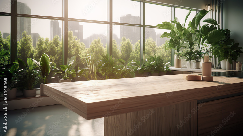 selective focus.Wood table top with livingroom and greeny leaves,foliage of tropical garden.contemporary of kitchen or ivingroom.interiors background.generative ai technology