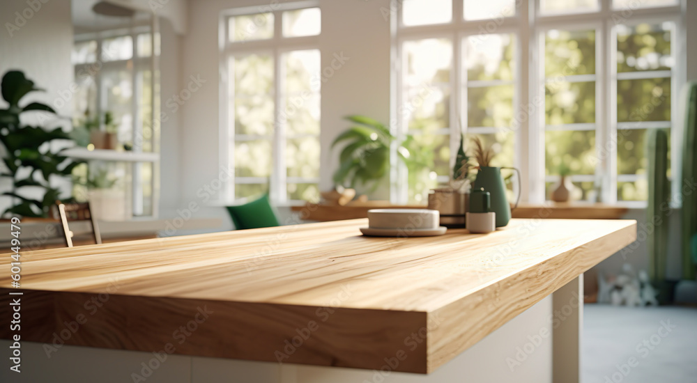 selective focus.Wood table top with livingroom and greeny leaves,foliage of tropical garden.contemporary of kitchen or ivingroom.interiors background.generative ai technology selective focus.Wood table top with livingroom and greeny leaves,foliage of tropical garden.contemporary of kitchen or ivingroom.interiors background.generative ai technology