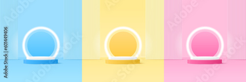 Set of podium for product display presentation. Podium platform to show product with blue, yellow and pink background