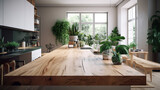 selective focus.Wood table top with livingroom and greeny leaves,foliage of tropical garden.contemporary of kitchen or ivingroom.interiors background.generative ai technology