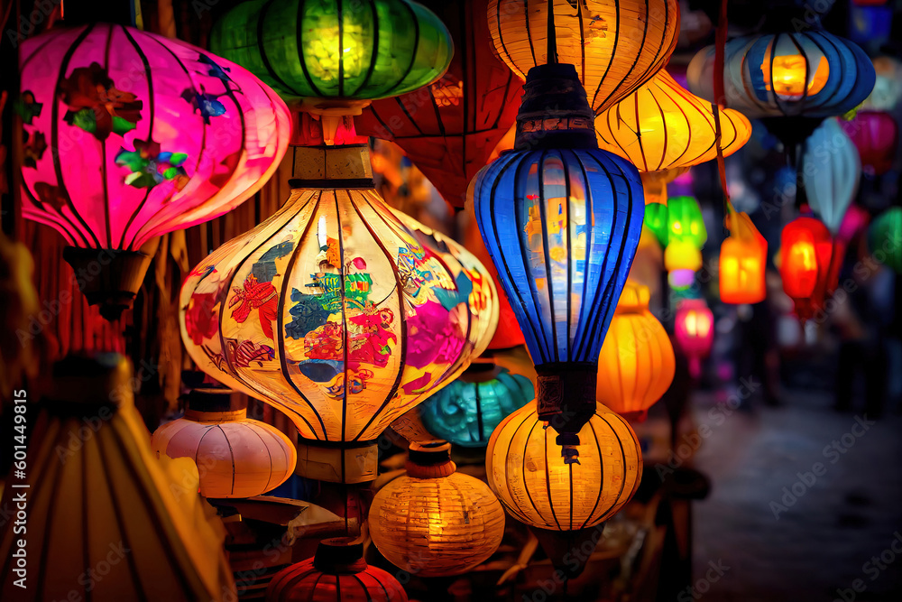 Decorated colorful lanterns hanging on a stand in the streets . Generative Ai
