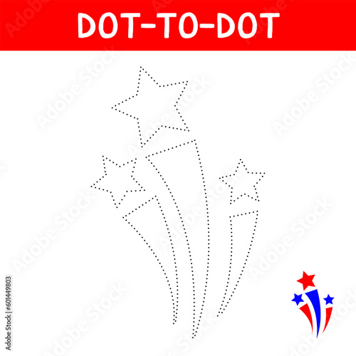 Connect the dots and draw fireworks. American Independence Day. 4th july celebration. Educational game for kids.