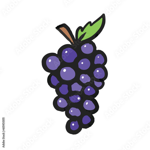 Bold and textured messy art styled cartoon purple grape fruit isolated on square white background. Healthy purple colored fruit with sweet taste.