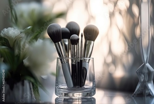 makeup brushes in glass vase on mirror, generative ai #601450248
