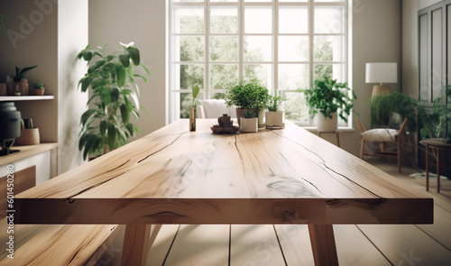 selective focus.Wood table top with livingroom and greeny leaves foliage of tropical garden.contemporary of kitchen or ivingroom.interiors background.generative ai technology