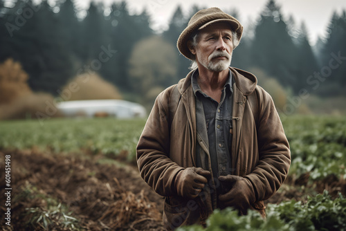 A shot of a regenerative farmer standing in a field, surrounded by a variety of crops and cover crops, AI generated