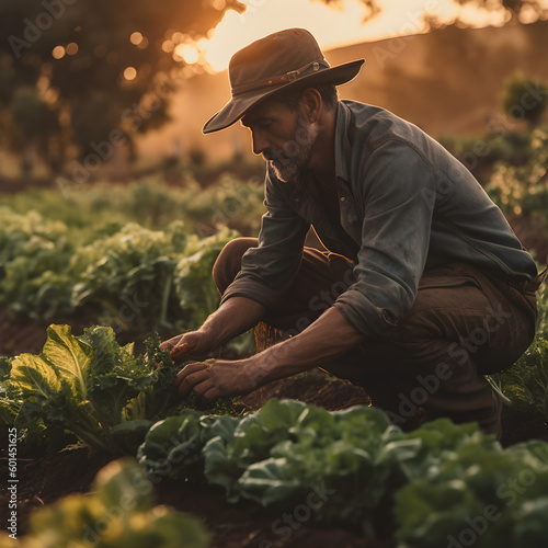A shot of a regenerative farmer standing in a field, surrounded by a variety of crops and cover crops, AI generated