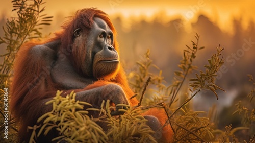 Tapanuli Orangutan in the wild. Endangered species. Generative AI. photo