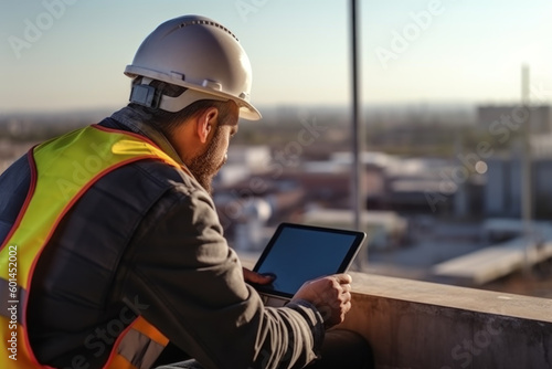 Professional worker wearing safety vest and hard hat with tablet in hands against industrial base. Generative AI.
