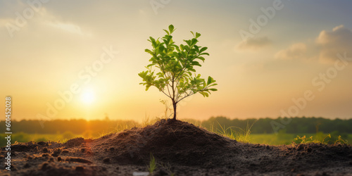 panorama small tree growing with sunrise. green world and earth day concept