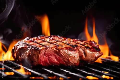 Grilled meat steak on stainless grill with flames. Generative AI.