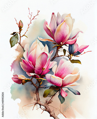 Fototapeta Naklejka Na Ścianę i Meble -  branch of blooming pink magnolia in watercolor. Generative AI