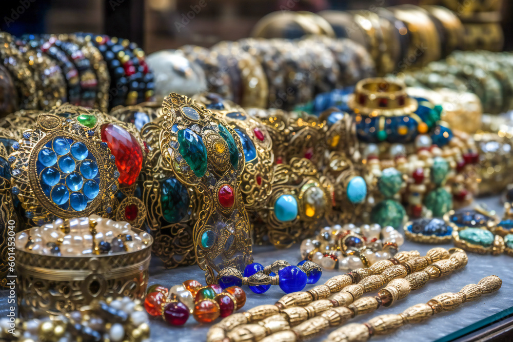 Oriental jewelry in a middle east bazaar. Created with Generative AI technology.