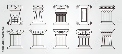 set of pillar line art vector illustration design, ancient greek or roman architecture building symbol, abstract pillar vector design.