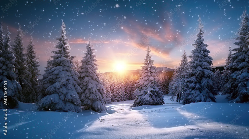 Winter landscape Christmas holiday background. Merry Christmas wallpaper or web design. Seasonal greeting card design. Generative AI.
