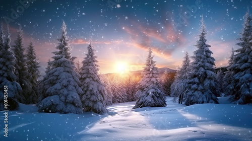 Winter landscape Christmas holiday background. Merry Christmas wallpaper or web design. Seasonal greeting card design. Generative AI. © Czintos Ödön