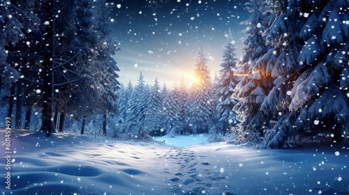  Enchanting winter landscape with snow-covered trees and falling snowflakes at sunset, suggesting a serene, chilly atmosphere - AI generated.