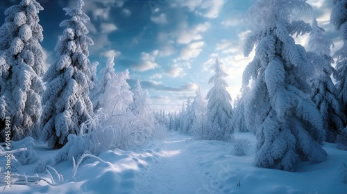 Winter landscape Christmas holiday background. Merry Christmas wallpaper or web design. Seasonal greeting card design. Generative AI. © Czintos Ödön