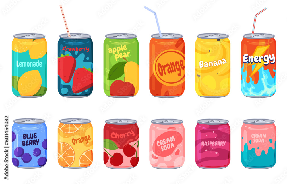 Obraz premium Carbonated drinks in aluminum cans. Sweet colored waters for thirsty people. Vector illustration