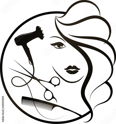 Beautiful girl with a hairstyle in a circle, scissors and a stylist comb. Sign for beauty and hair salon