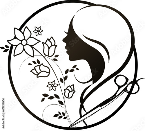 Girl with curls of hair, scissors and flowers. Round badge with edge. Hair salon and beauty salon design