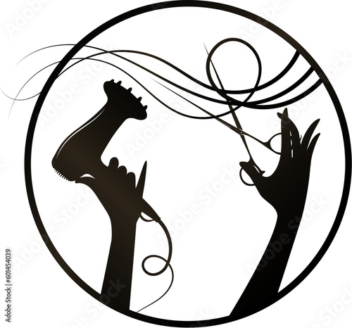 Scissors and hair dryer in the hands of a stylist. Round badge with edge. Hair salon and beauty salon design