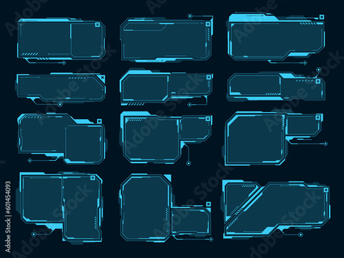 Futuristic plates for text. Cosmic footnote headings on modern computers. Information panels. Vector illustration