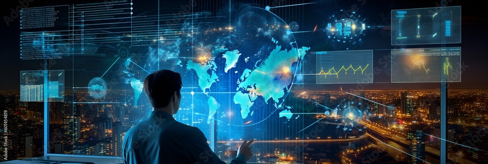 custom made wallpaper toronto digitalA business analyst working with digital business data graphs showing the technology of investment strategy for perceptive financial business decision. Digital economic analysis. generative ai