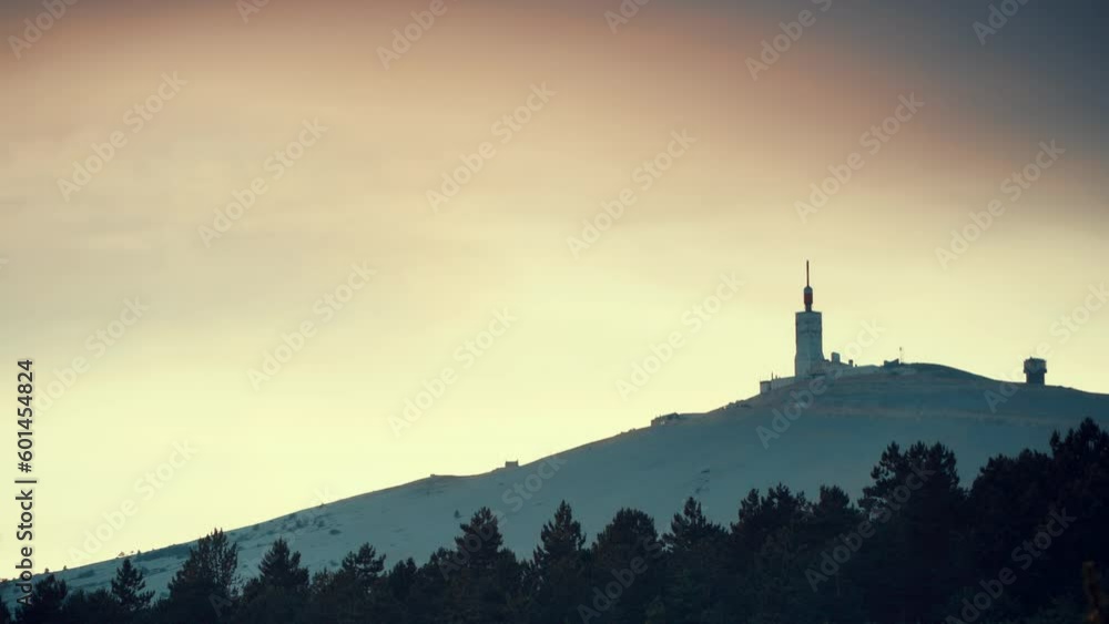 Time lapse. Clouds moving in the evening over summit of Mont Ventoux, mountain in Provence region, southern France.