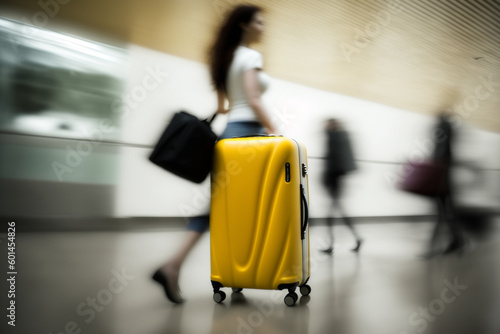 people traveling with yellow luggage AI generated