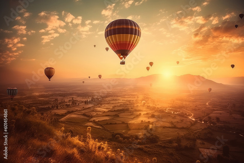An awe-inspiring view of balloons in the sky  as if in a hot air balloon ride  against the backdrop of a beautiful sunset. The camera captures the vibrant colors of the sky. Generative ai.