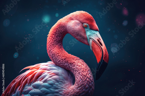 The picture features a gorgeous pink flamingo standing on one leg in shallow waters of a lake or river. It has a long slender neck, a curved beak, and pink and white feathers.  Generative AI, AI. © Sebastian