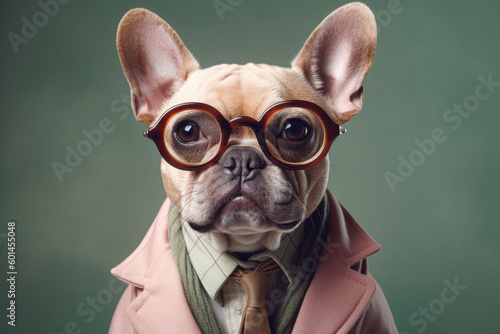 A dog dressed like a person, wearing glasses on its nose. A funny and quirky pet in human-like clothing, making everyone laugh. Generative AI, AI. © Sebastian